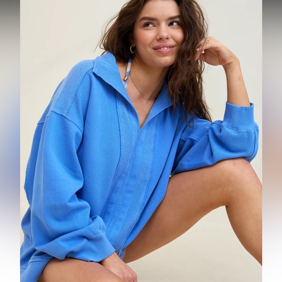 Aerie Starry Skies Open Neck Sweatshirt and Shorts Set Laundry Blue - Picture 1 of 3